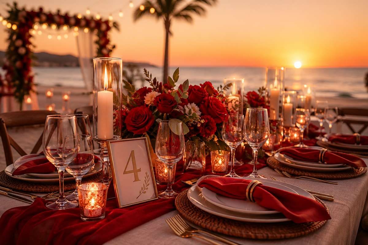 Romantic wedding table with red napkins and candlelight decor