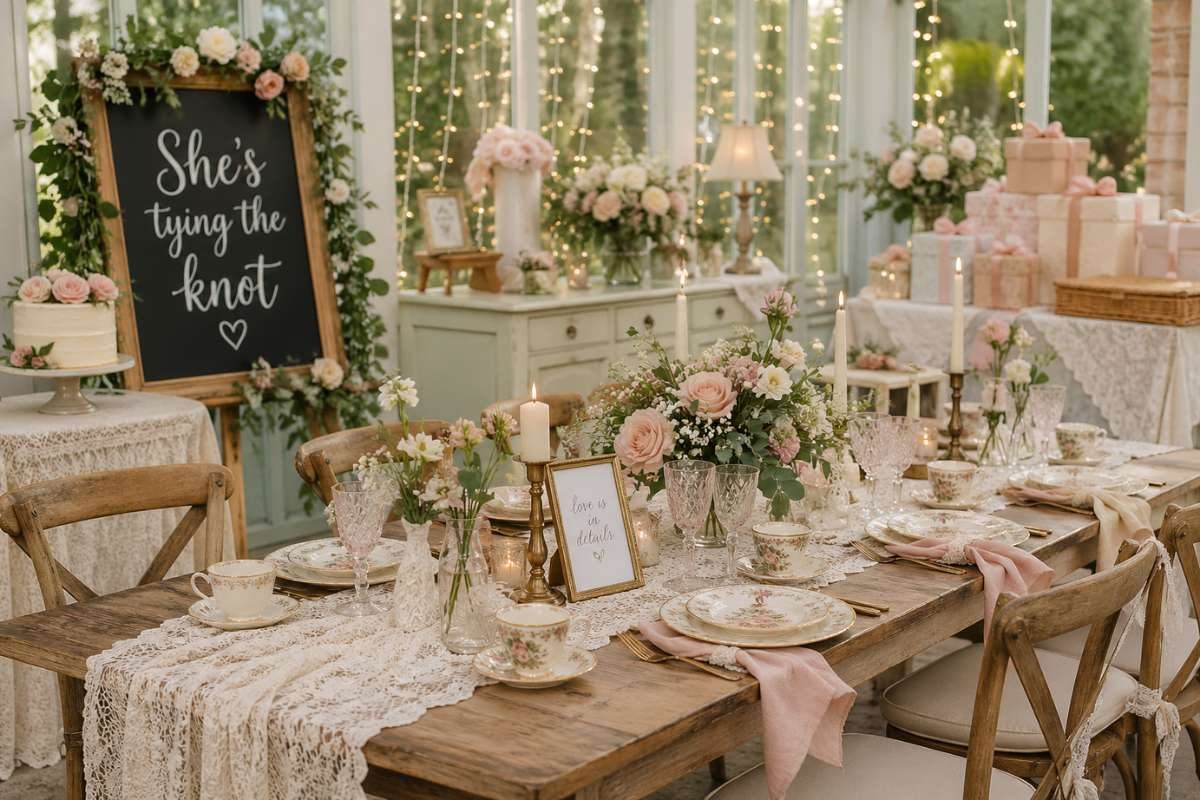 romantic vintage bridal shower lace floral table