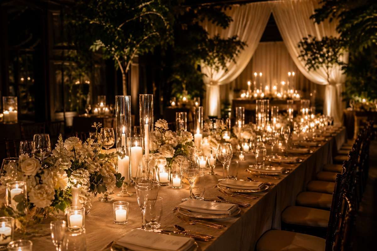 candlelit wedding reception with warm lighting, long table setup, and intimate ambiance