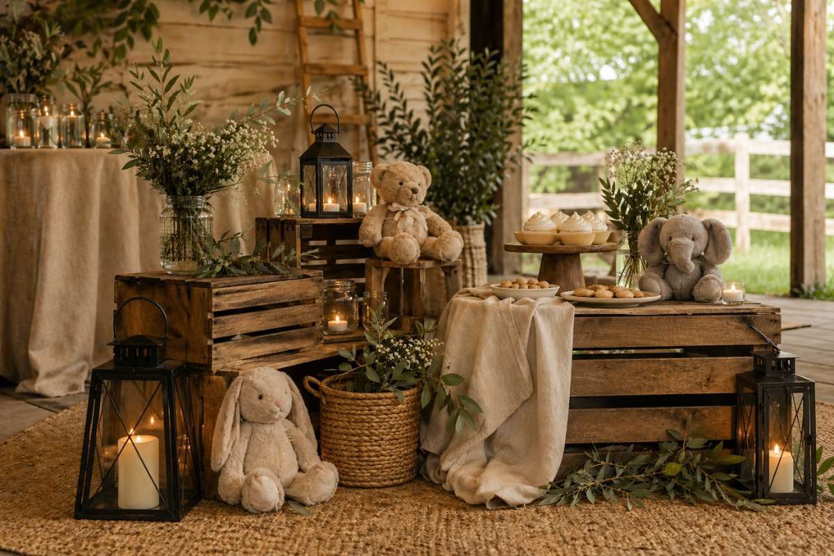 Rustic baby shower decor with wooden crates, lanterns, greenery, and soft neutral fabrics