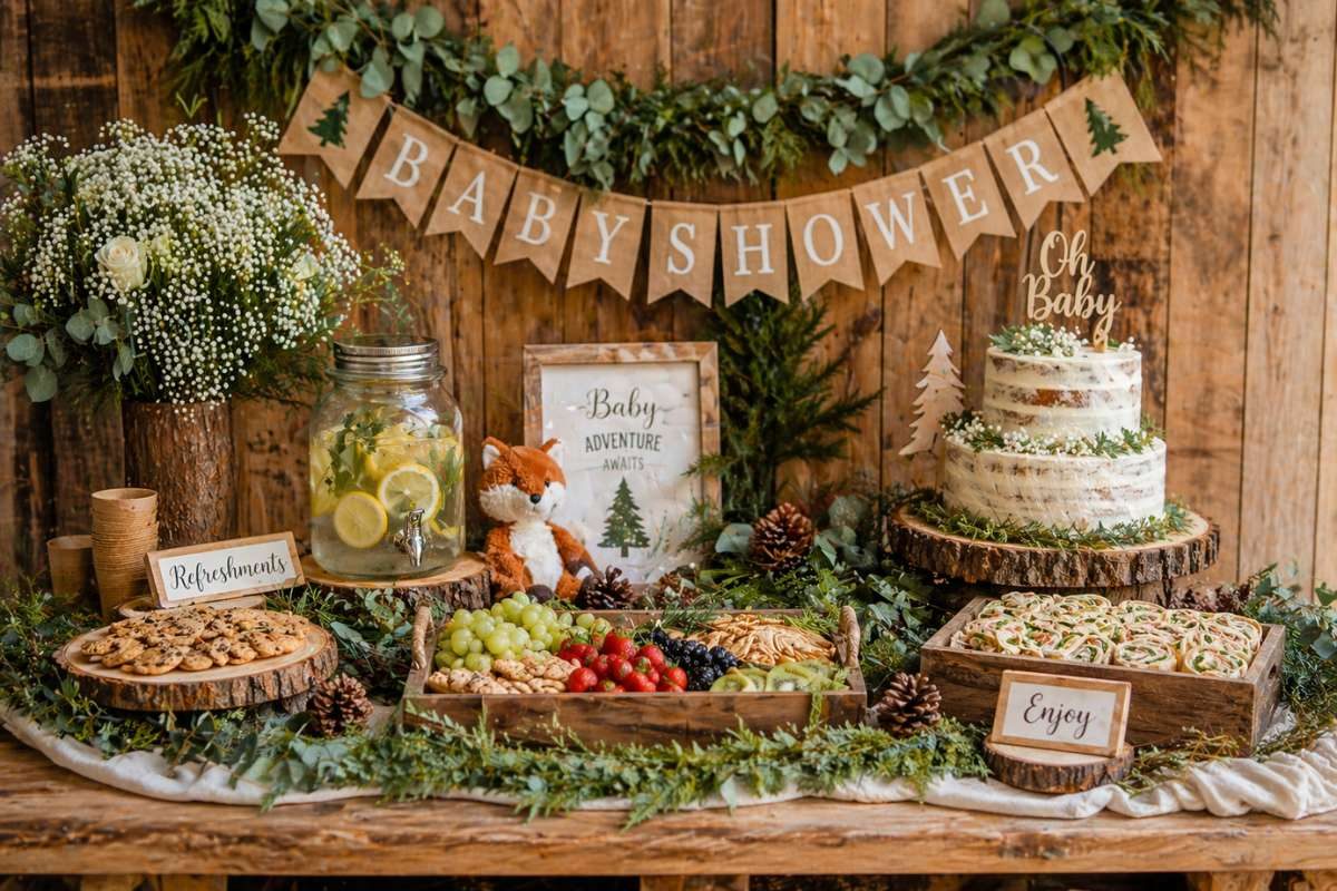 Rustic baby shower food table with greenery, wooden trays, desserts, and woodland decorations
