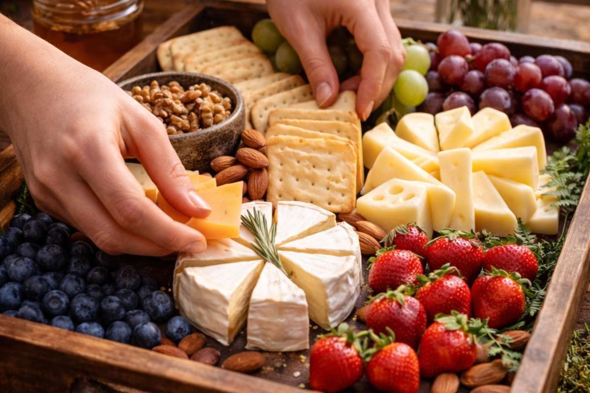Rustic cheese and cracker board with fruits and nuts for a woodland baby shower party