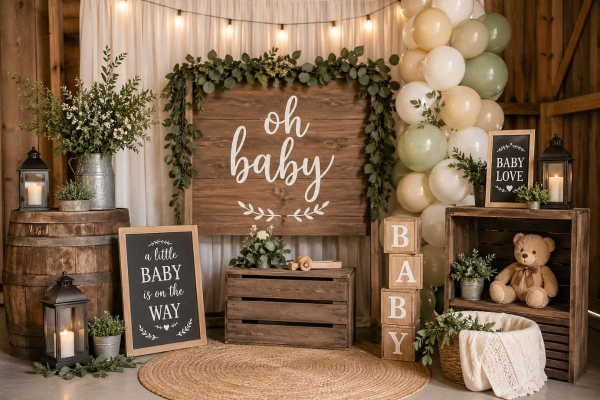 Rustic baby shower backdrop with Oh Baby sign, balloon garland, wooden crates, and greenery
