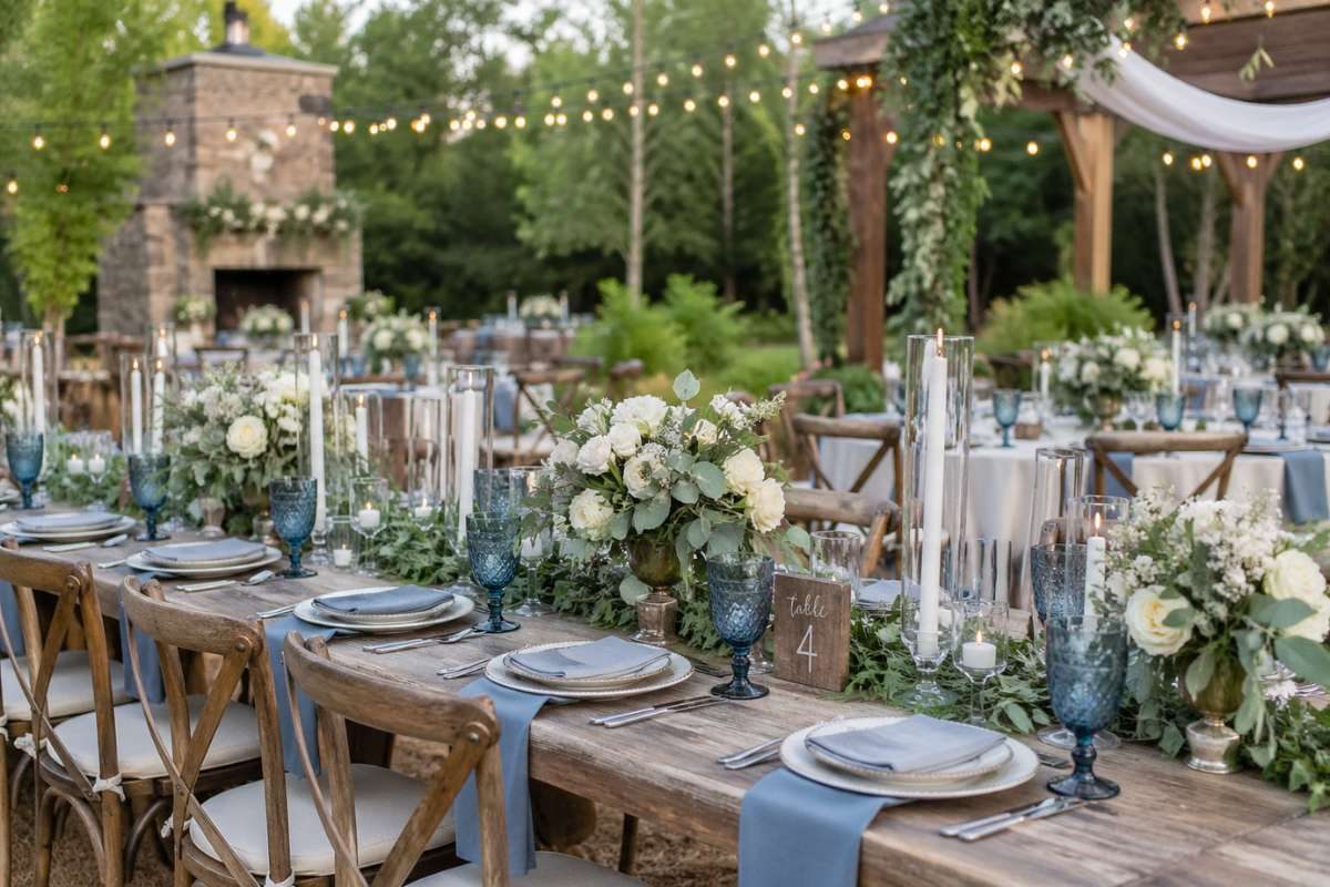 rustic outdoor wedding table with dusty blue accents and greenery