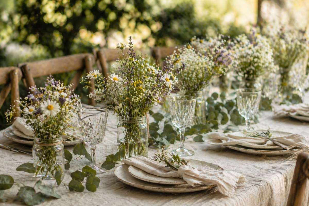 rustic wildflower baby shower table setting