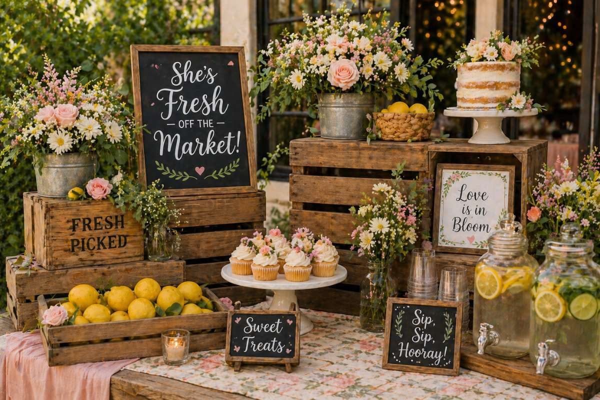 Wooden crates used as display stands for desserts and flowers in farmers market bridal shower setup