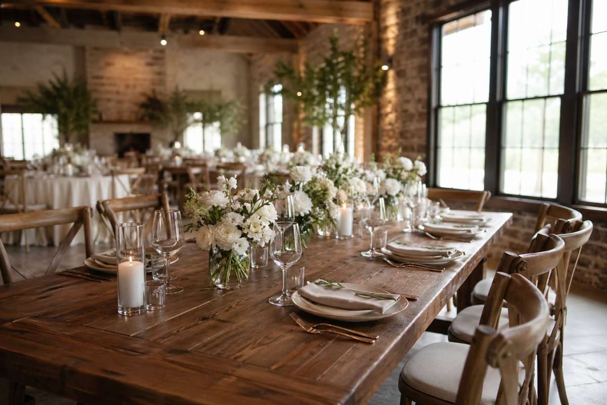 wooden wedding table with simple floral arrangements and neutral table setting in rustic venue
