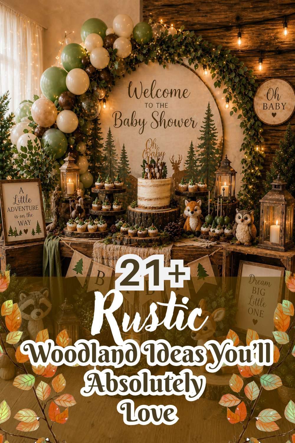 Rustic woodland baby shower decorations featuring balloon garland, lanterns, forest animals, and dessert table inspiration.