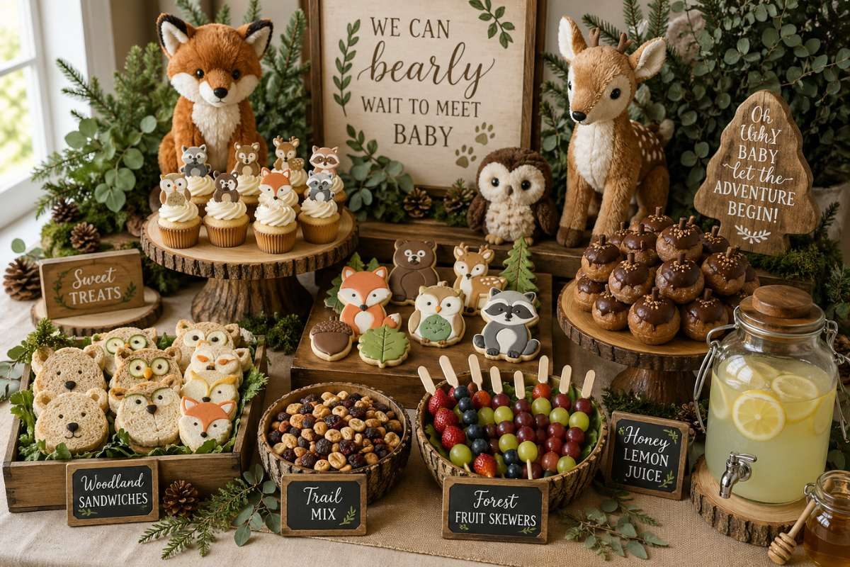 Woodland baby shower food table with forest animal cupcakes, fruit skewers, trail mix cups, cookies, and rustic woodland decorations