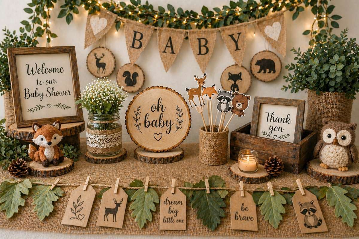 Rustic woodland baby shower table decor with Oh Baby sign, greenery, wooden slices, and forest animals
