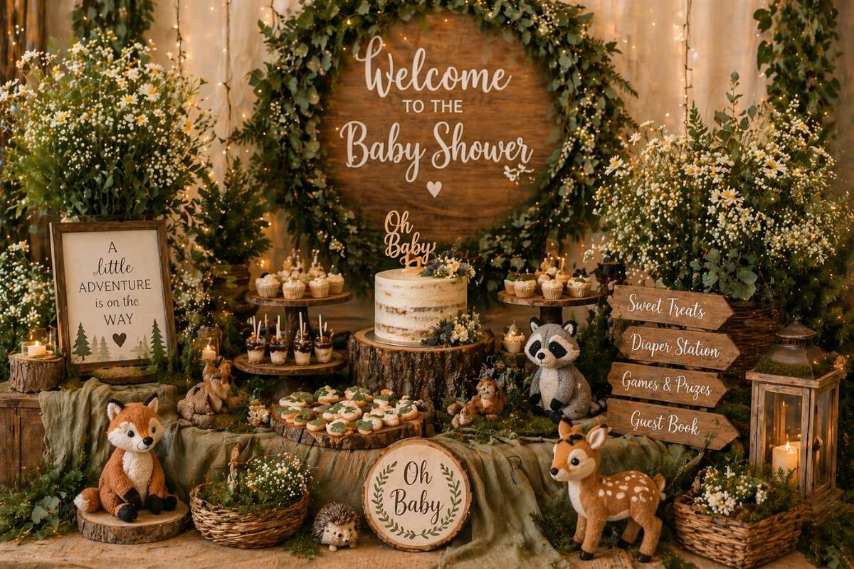 Woodland baby shower table with wooden welcome sign, greenery, cupcakes, and rustic decor