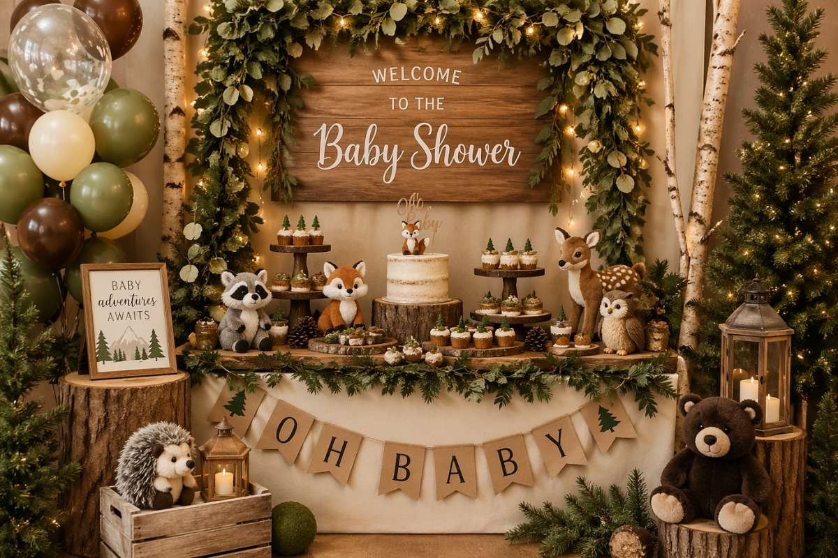 Rustic woodland baby shower dessert table with greenery arch, forest animals, and wooden decorations