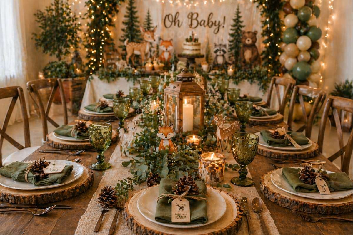 Rustic woodland dining table setup with greenery, candles, wooden plates, and elegant table styling