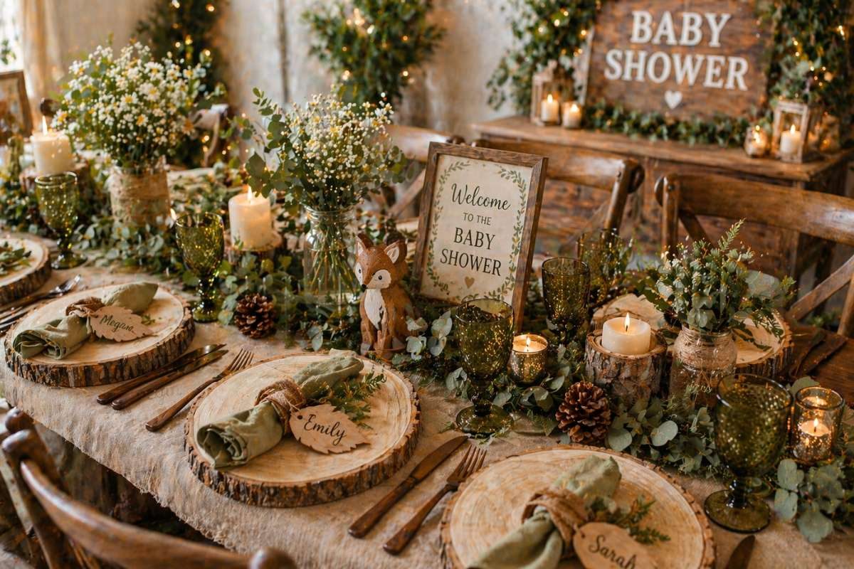 rustic woodland table decor baby shower greenery candles (2)