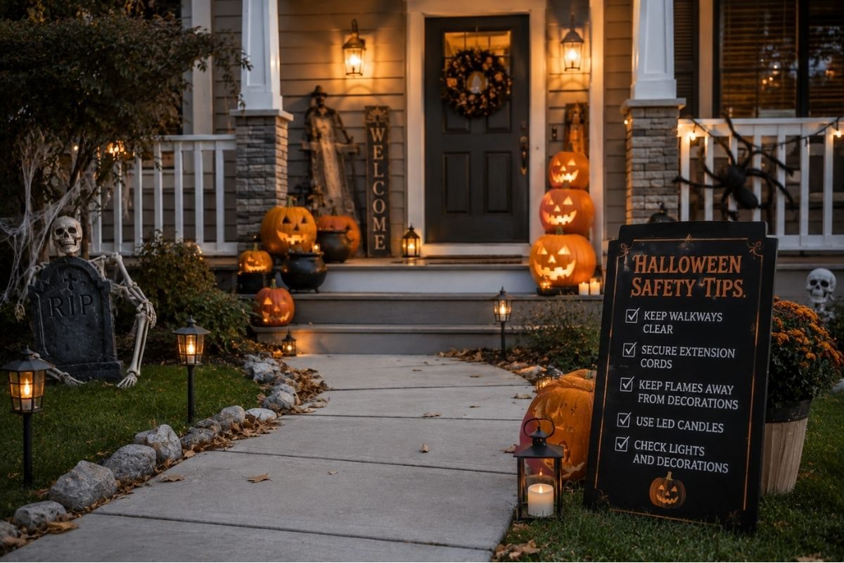 Halloween front porch with clear walkway, glowing lanterns, pumpkins, LED-style lighting, and safety-focused outdoor decorations