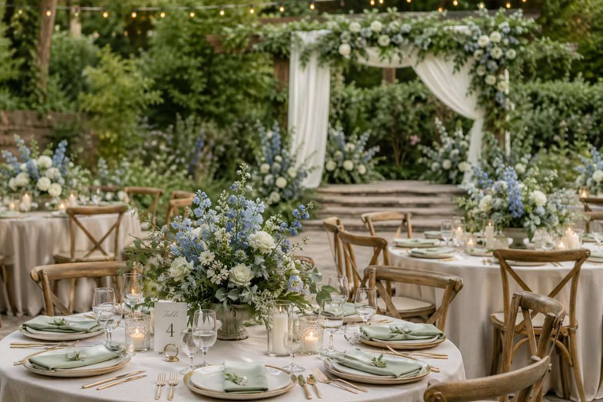 sage green wedding theme with lush greenery and dusty blue floral centerpieces