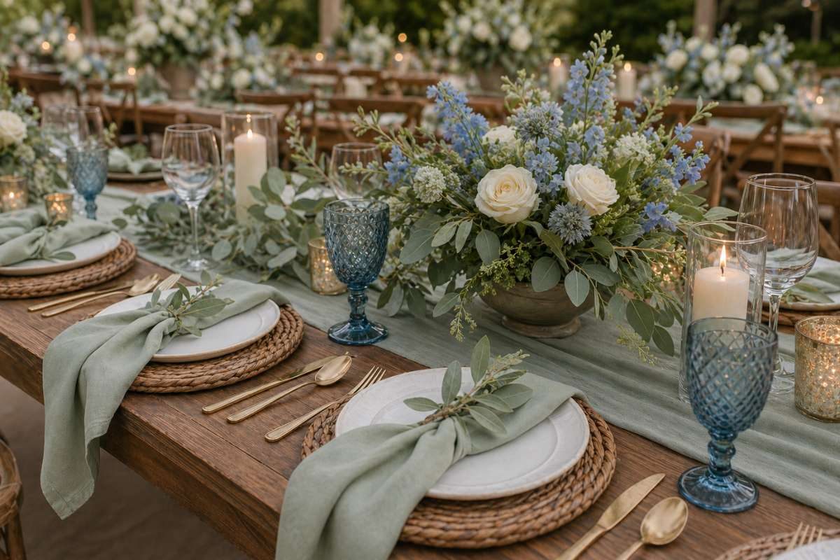 rustic wedding table with sage green linens dusty blue flowers and candle decor