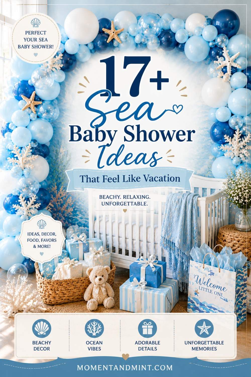 Sea baby shower ideas featuring blue balloon garlands, coastal nursery décor, gift table, and nautical baby shower inspiration.