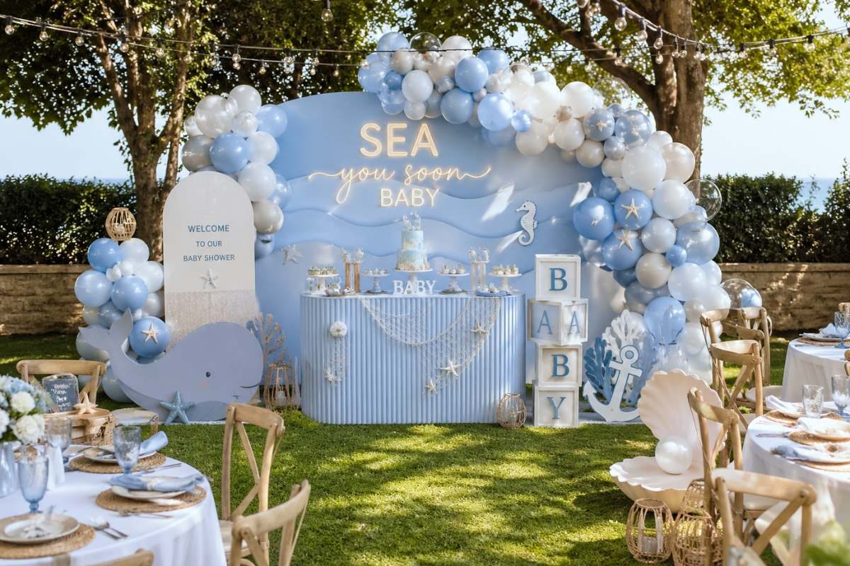 Sea You Soon baby shower setup with blue and white balloon garland, ocean-themed dessert table, whale décor, and coastal outdoor party styling.