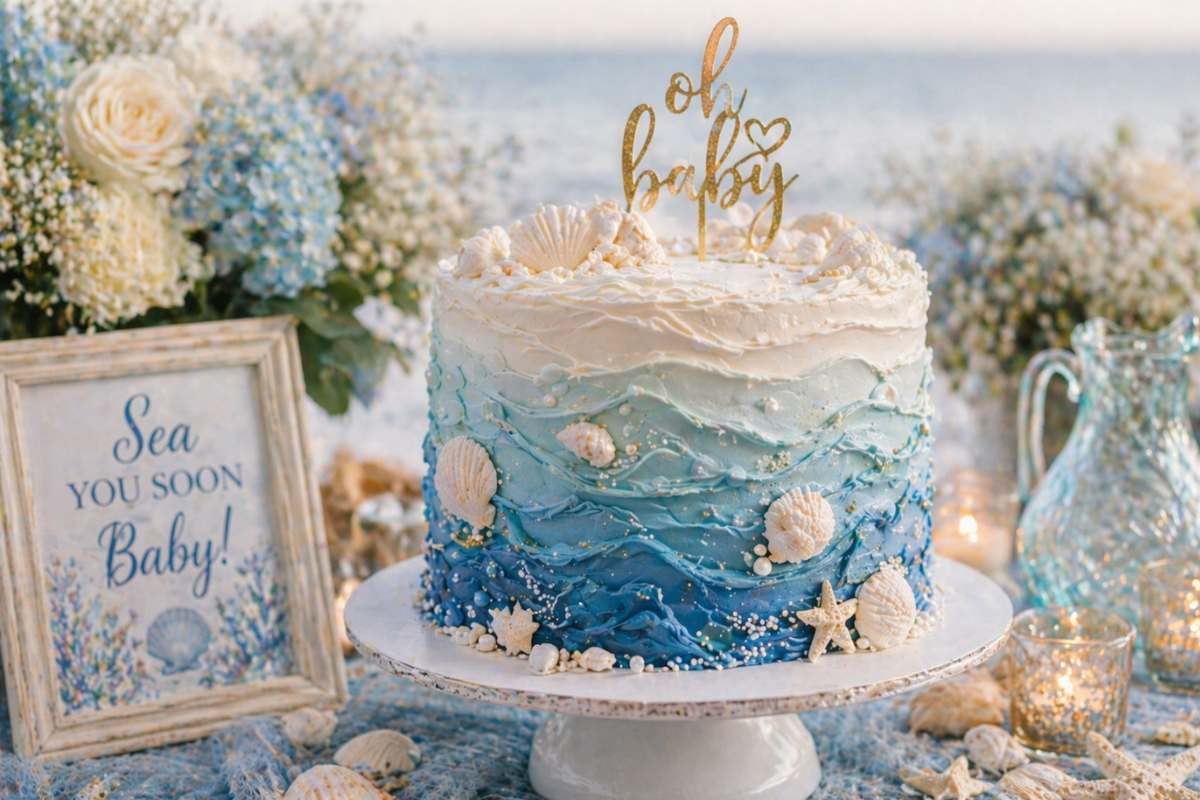Coastal ombre baby shower cake with wave frosting and seashell decorations.