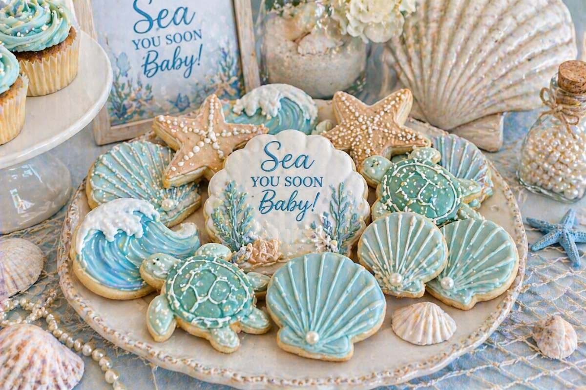 Sea You Soon baby shower cookies with seashell, turtle, wave, and starfish coastal designs.