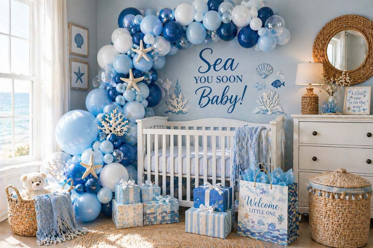 Nursery-inspired balloon corner with blue balloons and crib for Sea You Soon baby shower.