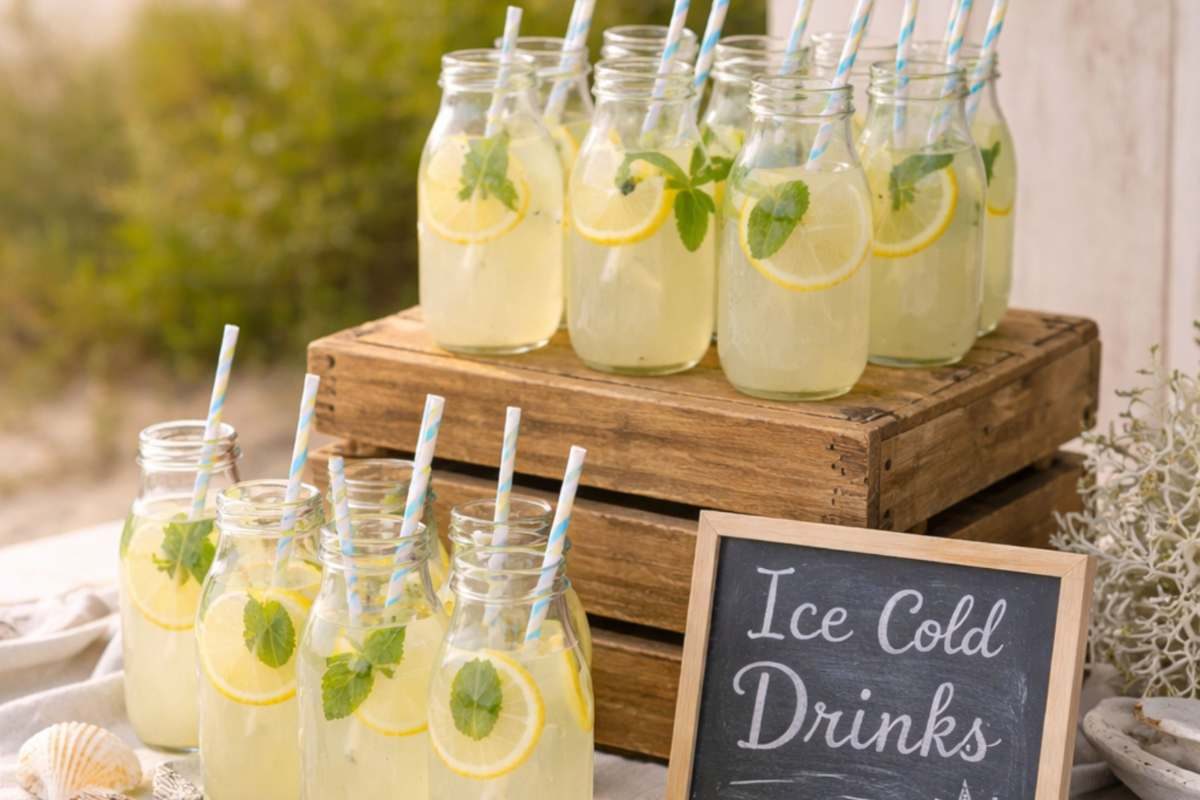 Seaside lemonade drink station with mini glass bottles, lemons, mint, and coastal decor.