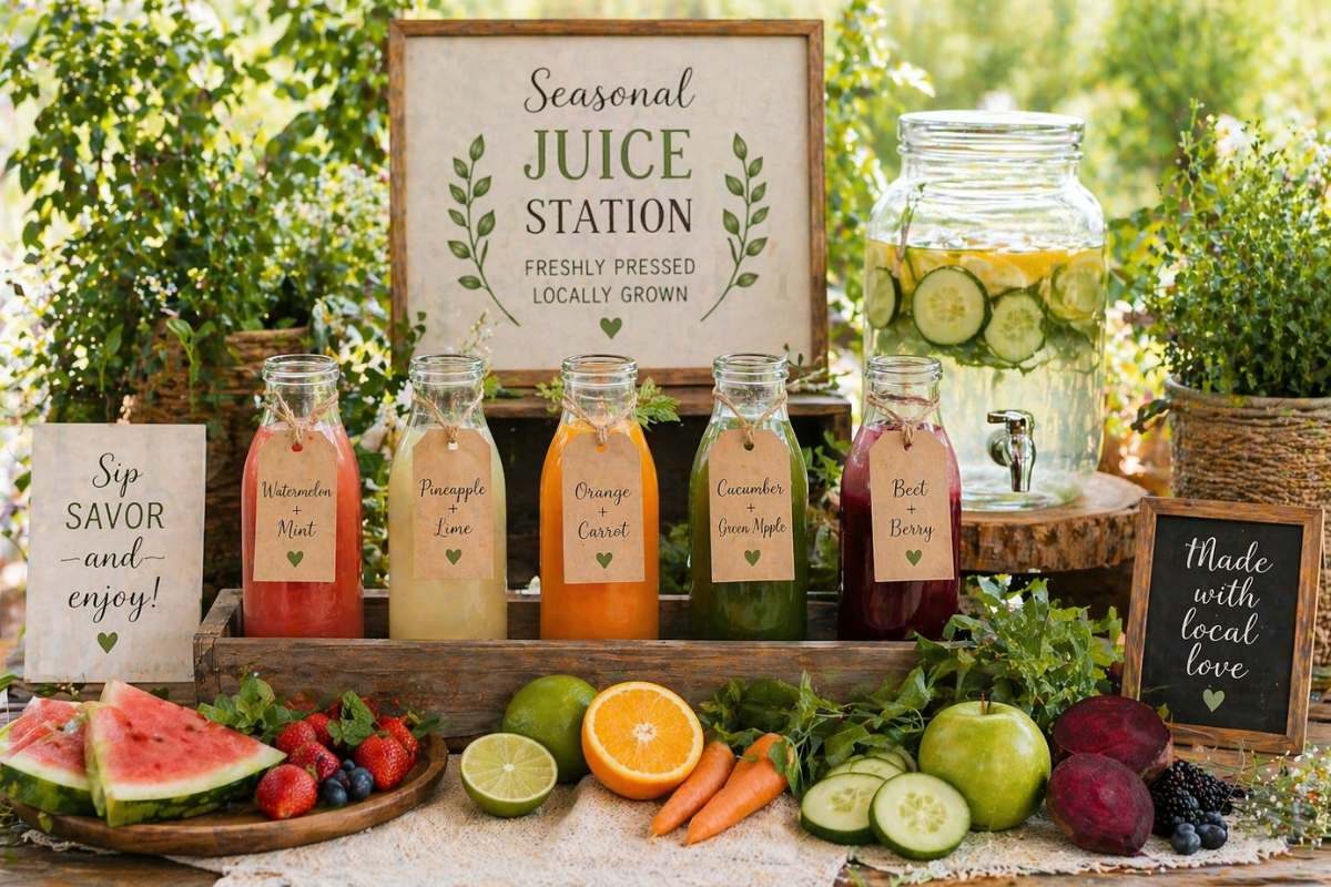 Seasonal juice station with fresh fruit juices and rustic decor for a locally grown baby shower.