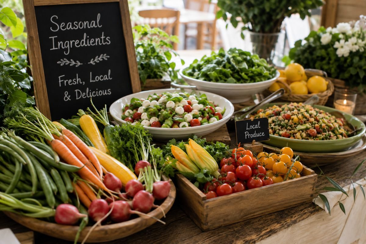 Rustic wedding reception buffet featuring fresh seasonal vegetables, colorful salads, herbs, and locally sourced produce beautifully displayed on a wooden table to showcase affordable and elegant seasonal catering ideas.