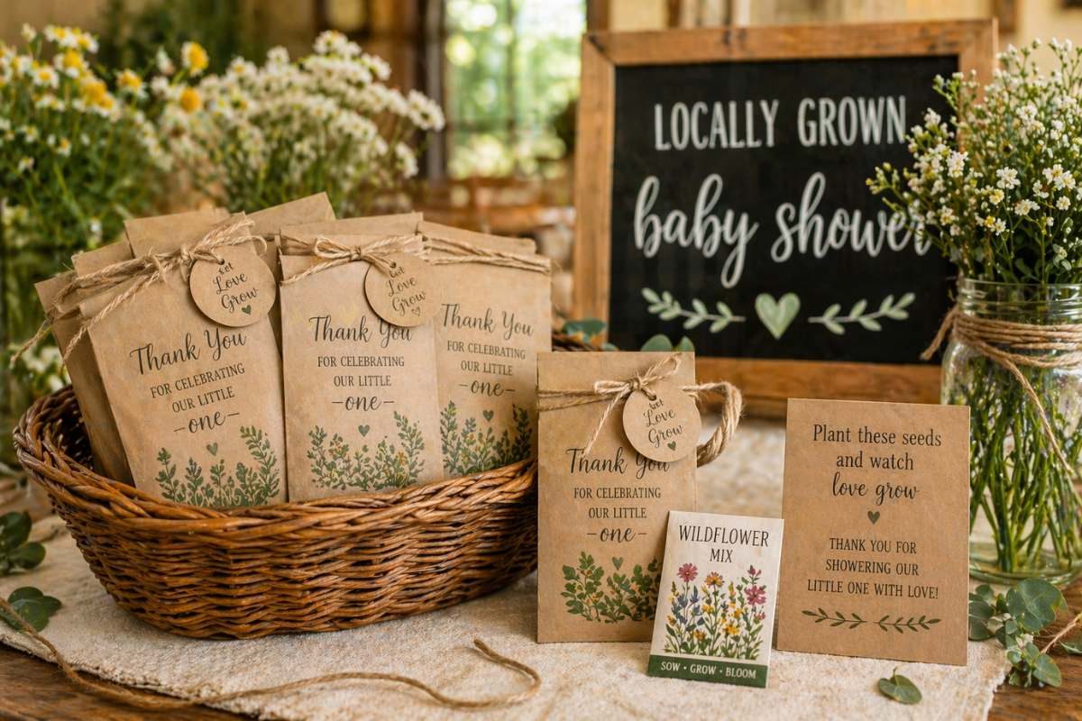 Seed packet baby shower favors displayed in woven baskets with natural greenery and locally grown theme decor.