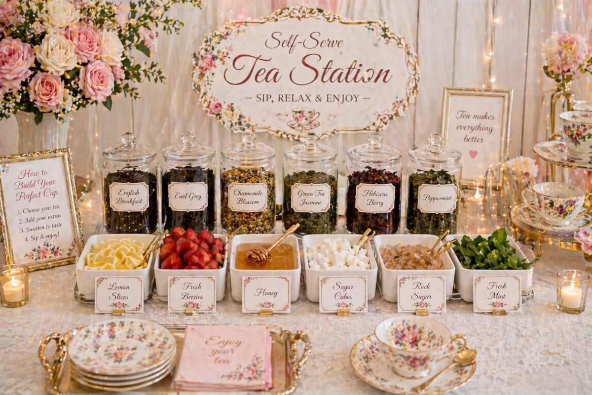 self serve tea station with jars of tea and elegant display setup