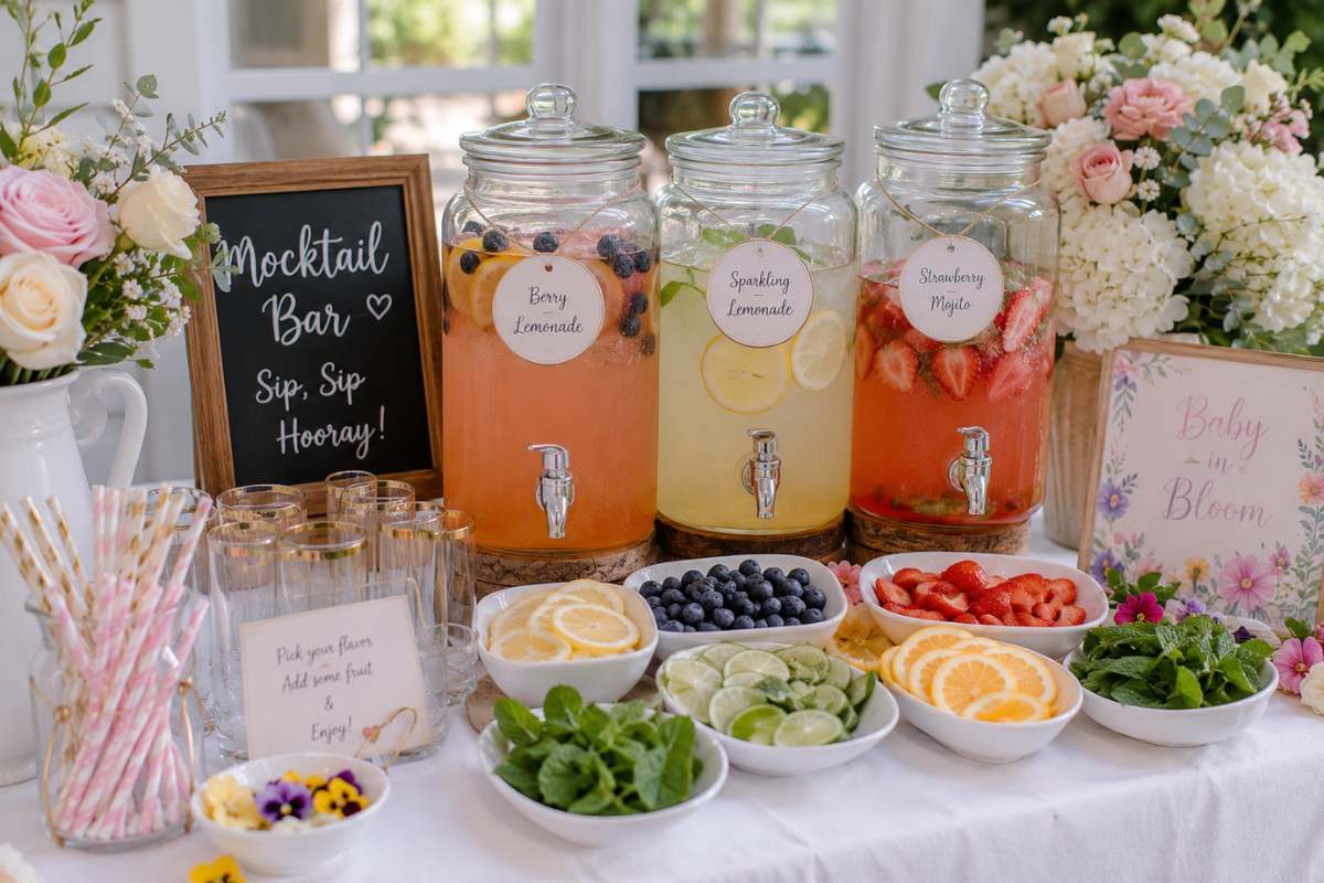 Refreshing baby shower mocktail bar with sparkling lemonade, fruit-infused drinks, citrus slices, berries, mint, and elegant drink dispensers.