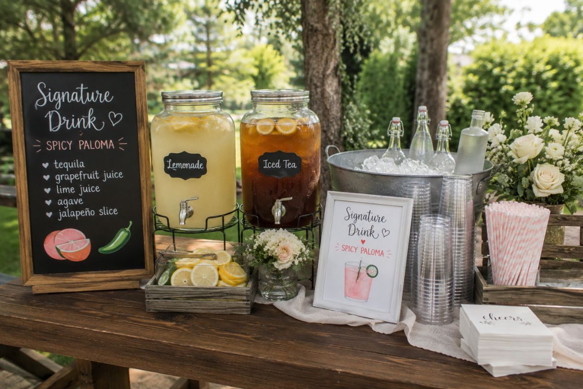 Outdoor wedding beverage station featuring a signature cocktail, self-serve lemonade, iced tea, infused water, and disposable cups on a rustic table, offering an elegant and budget-friendly drink setup for wedding guests.