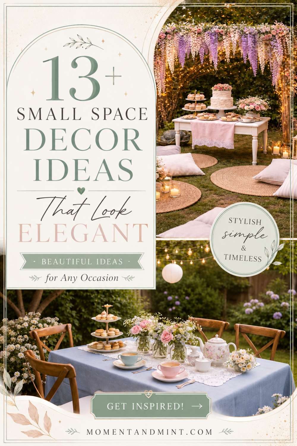 Elegant small-space party décor featuring floral arches, vintage tea tables, candles, and beautiful outdoor Bridgerton-inspired decorations.