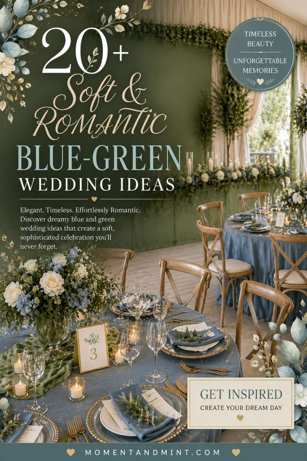 Romantic dusty blue and sage green wedding reception featuring elegant floral centerpieces, candlelit tablescapes, soft linens, and timeless wedding inspiration.