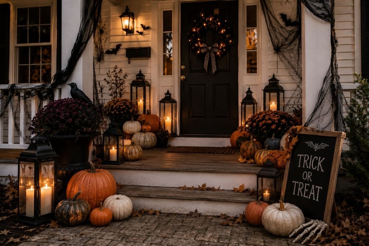 Spooky Halloween front porch decorated with pumpkins, glowing lanterns, autumn mums, a wreath, bats, and faux cobwebs
