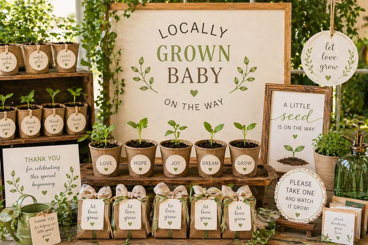 Sprout and seedling decor ideas for a locally grown baby shower with mini plants, seed favors, and greenery.
