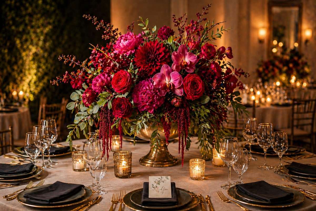 wedding table with large dramatic floral centerpiece in deep red tones and candle accents