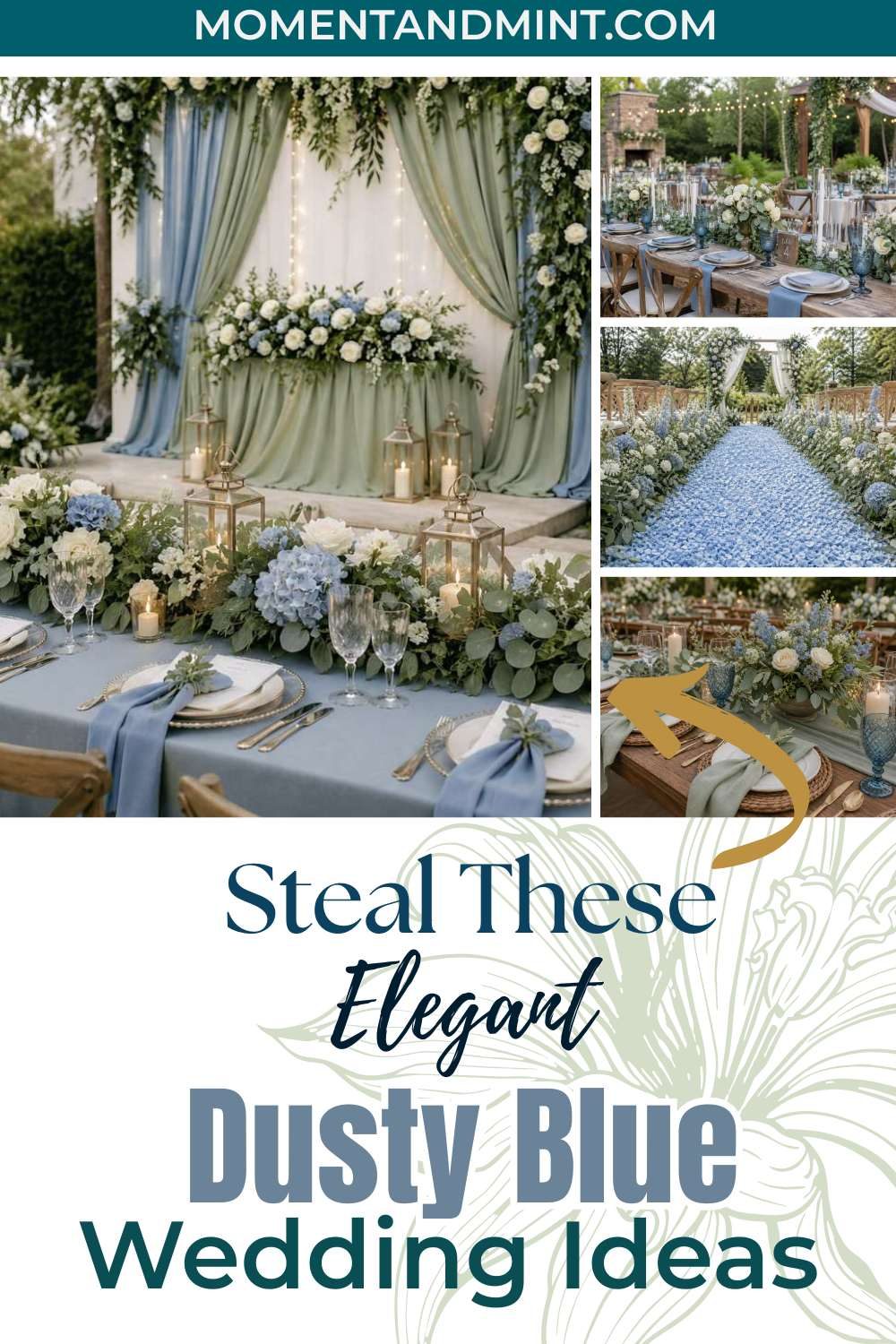 Dusty blue and sage green wedding inspiration featuring elegant ceremony décor, romantic floral tablescapes, blue petal aisle, candlelight, and timeless wedding styling ideas.