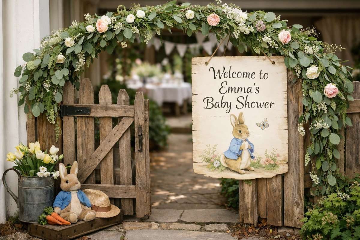 Peter Rabbit baby shower entrance with wooden gate, floral arch, and welcome sign