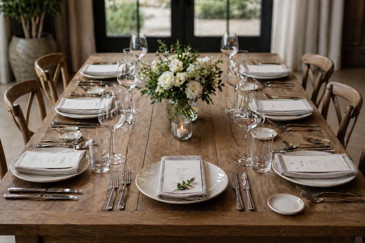 symmetrical wedding table setup with aligned cutlery, centered flowers, and clean minimalist styling
