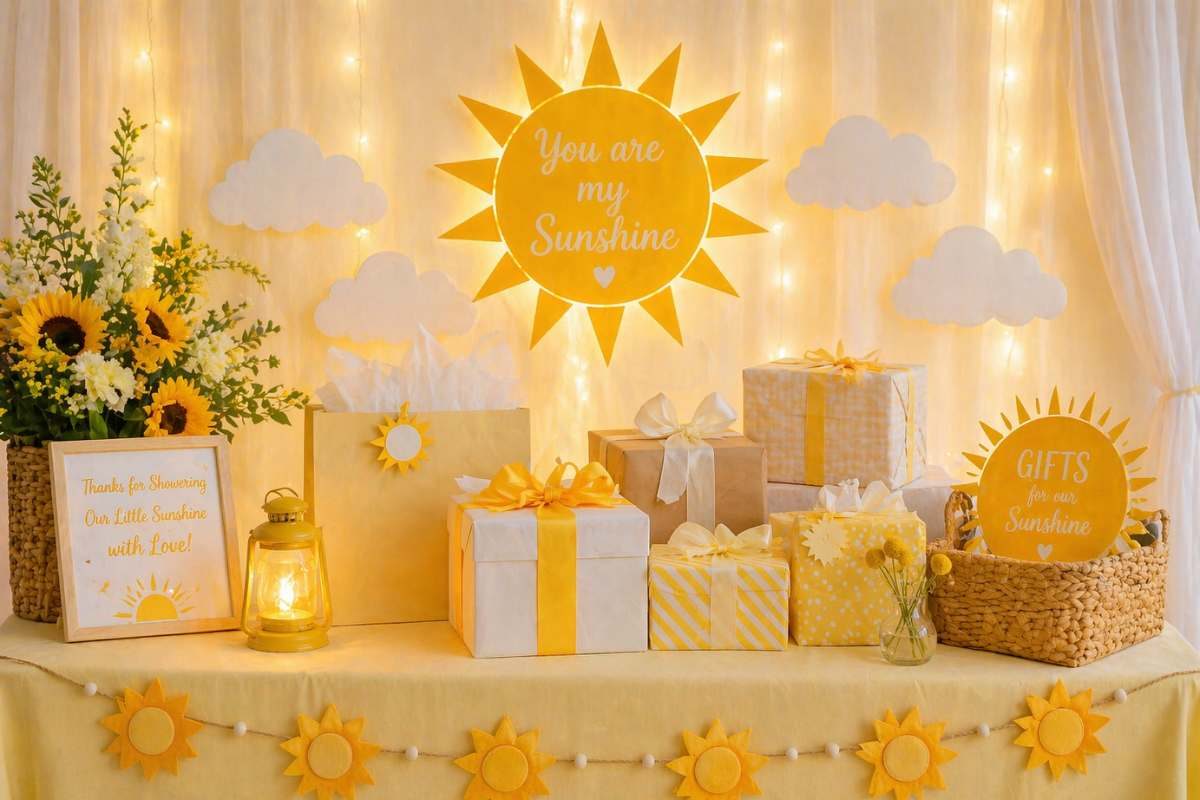 Styled gift table with sunshine décor and wrapped presents for Here Comes the Son baby shower