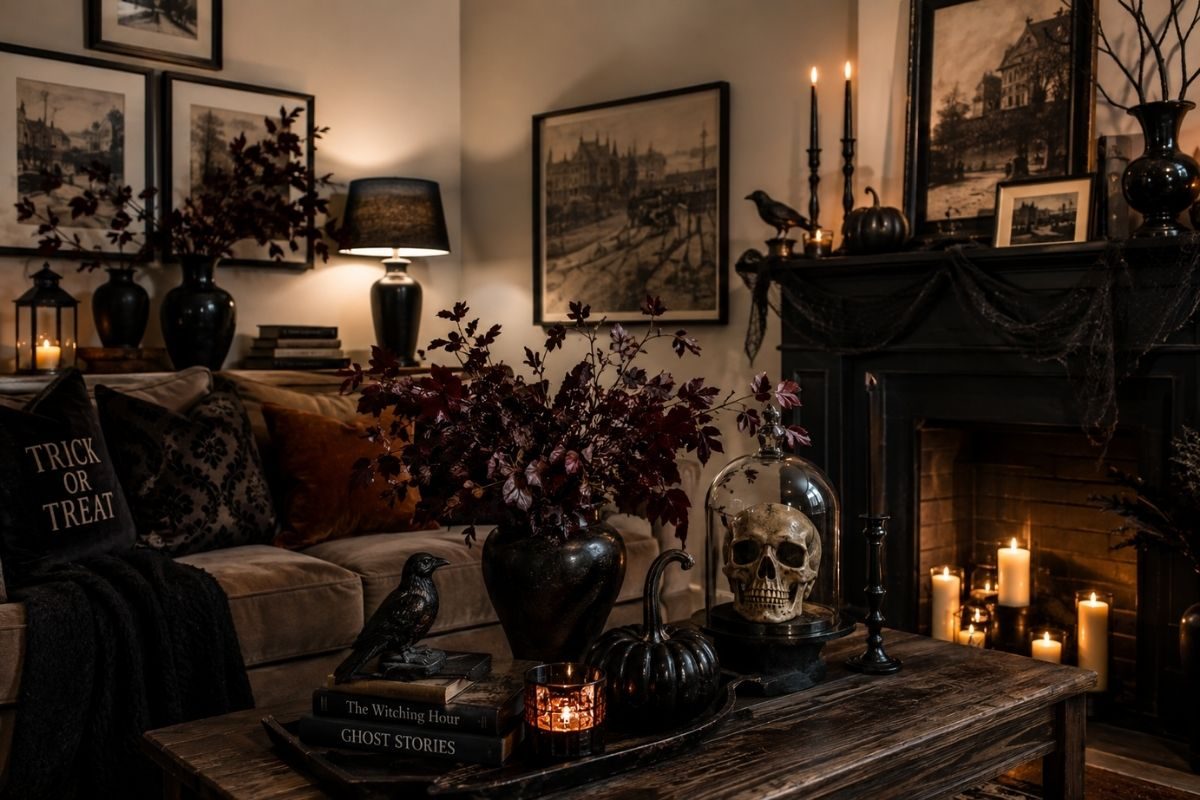Cozy Halloween living room with black vases, dark florals, pumpkins, candles, vintage artwork, and textured seasonal accents