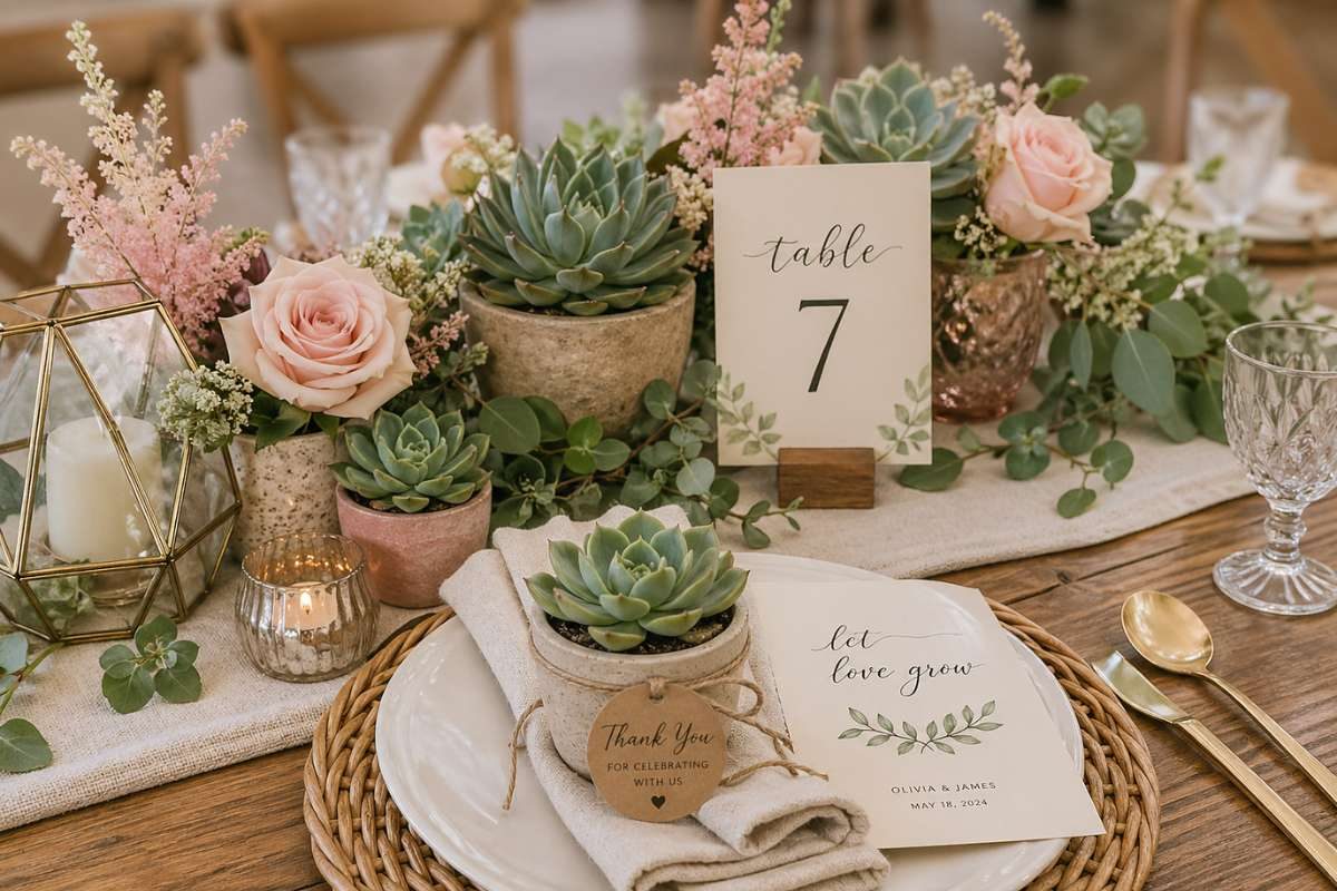 Rustic wedding table decor with succulents and soft floral accents