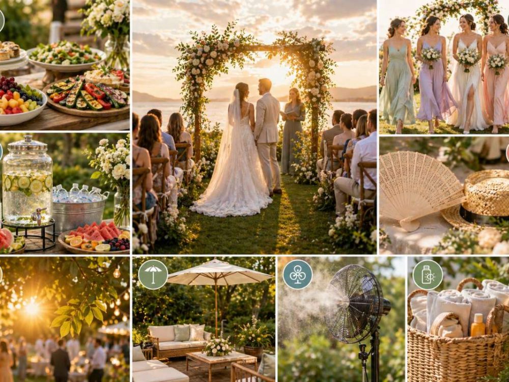 Summer outdoor wedding guest comfort ideas with drinks station, fresh food, fans, shaded seating, and cooling solutions