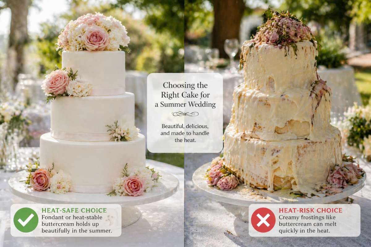 comparison of heat safe wedding cake and melting buttercream cake in summer
