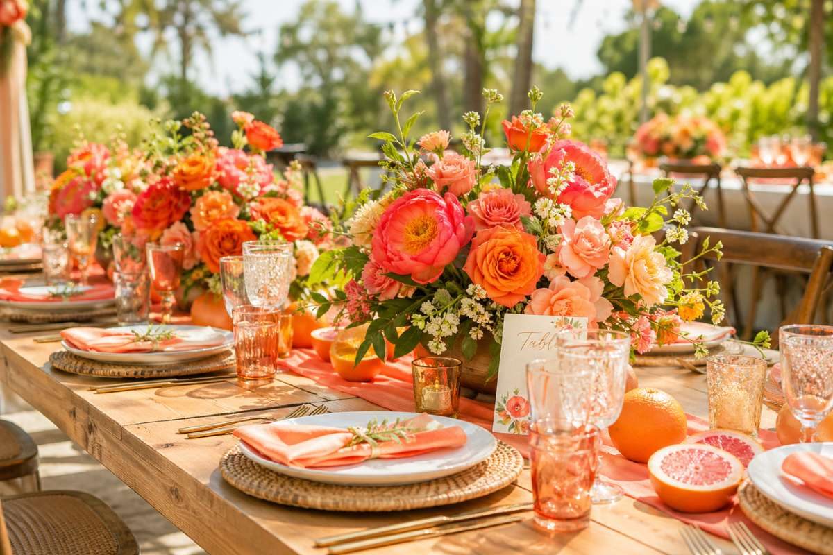 Bright summer wedding table decor with coral orange and peach flowers