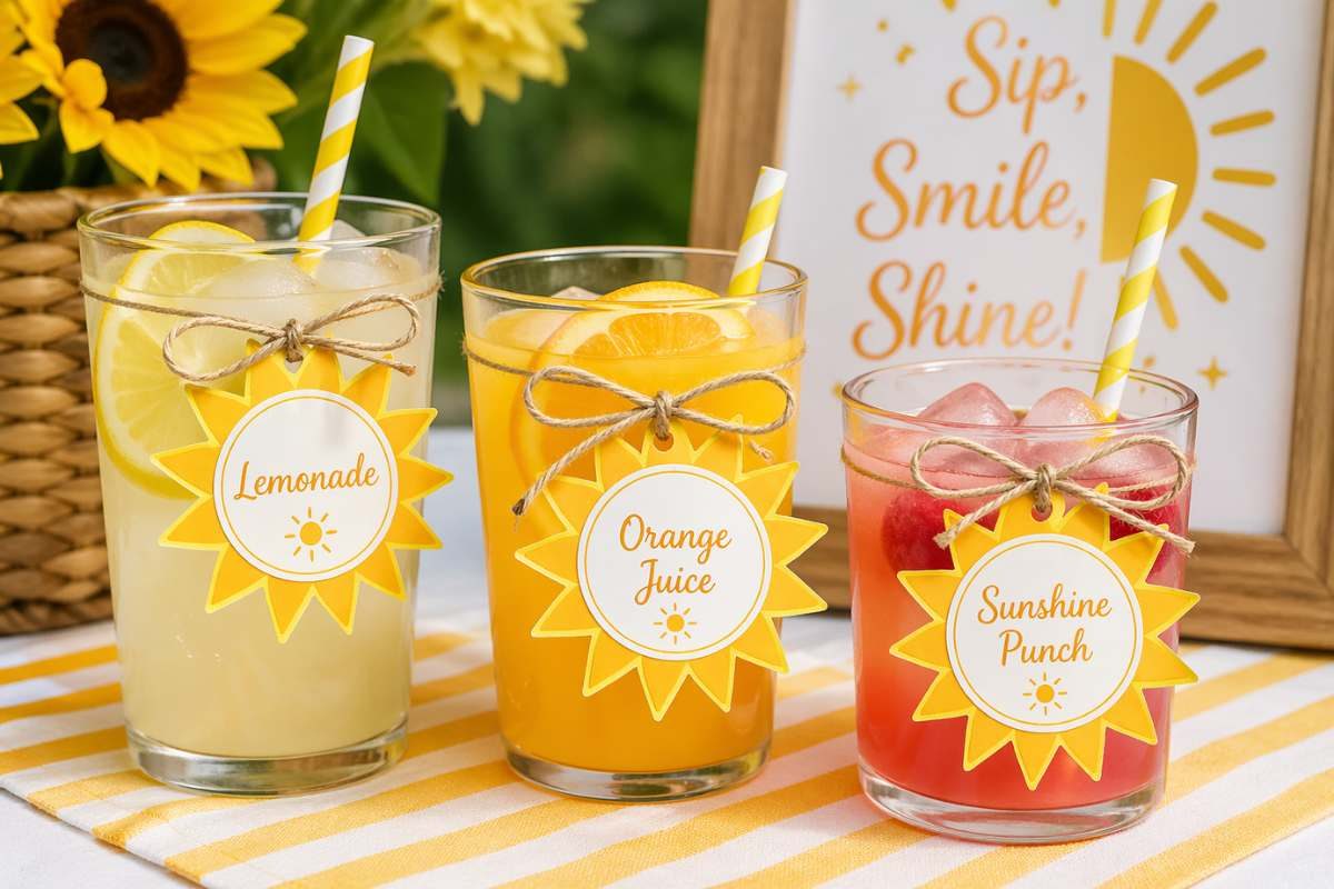 Lemonade and orange juice drinks with sun-shaped tags