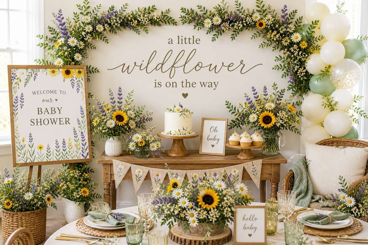 Sunflower and wildflower baby shower backdrop with rustic dessert table and balloon garland