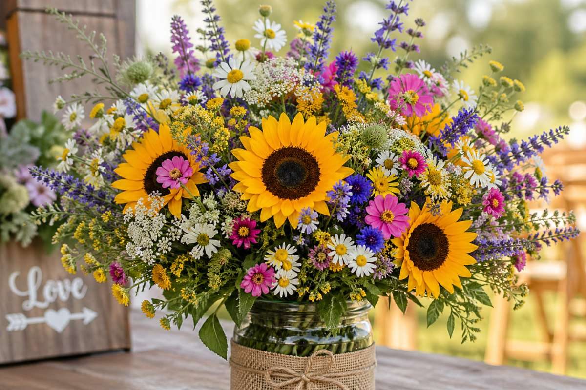 Rustic wedding table with sunflower and wildflower centerpiece